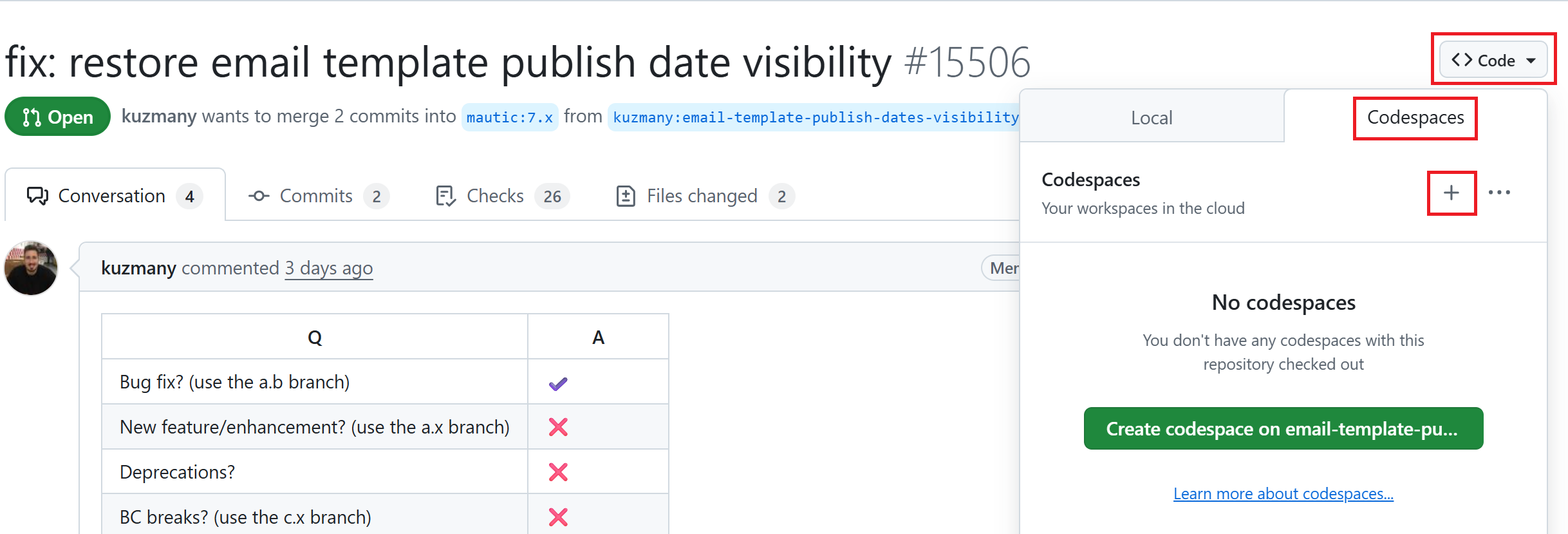 Screenshot highlighting Code button and Codespaces tab