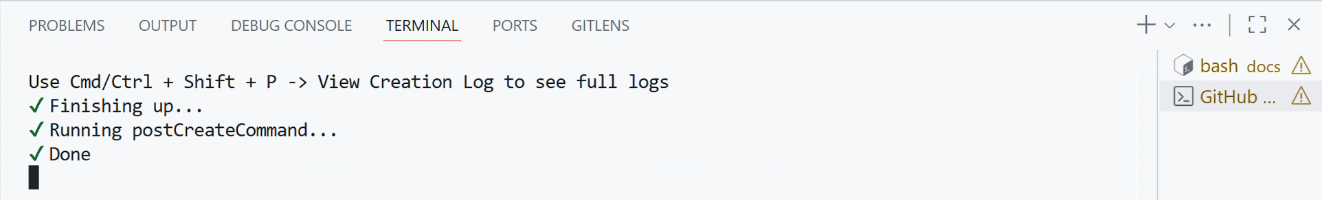 Screenshot of postCreateCommand task is done
