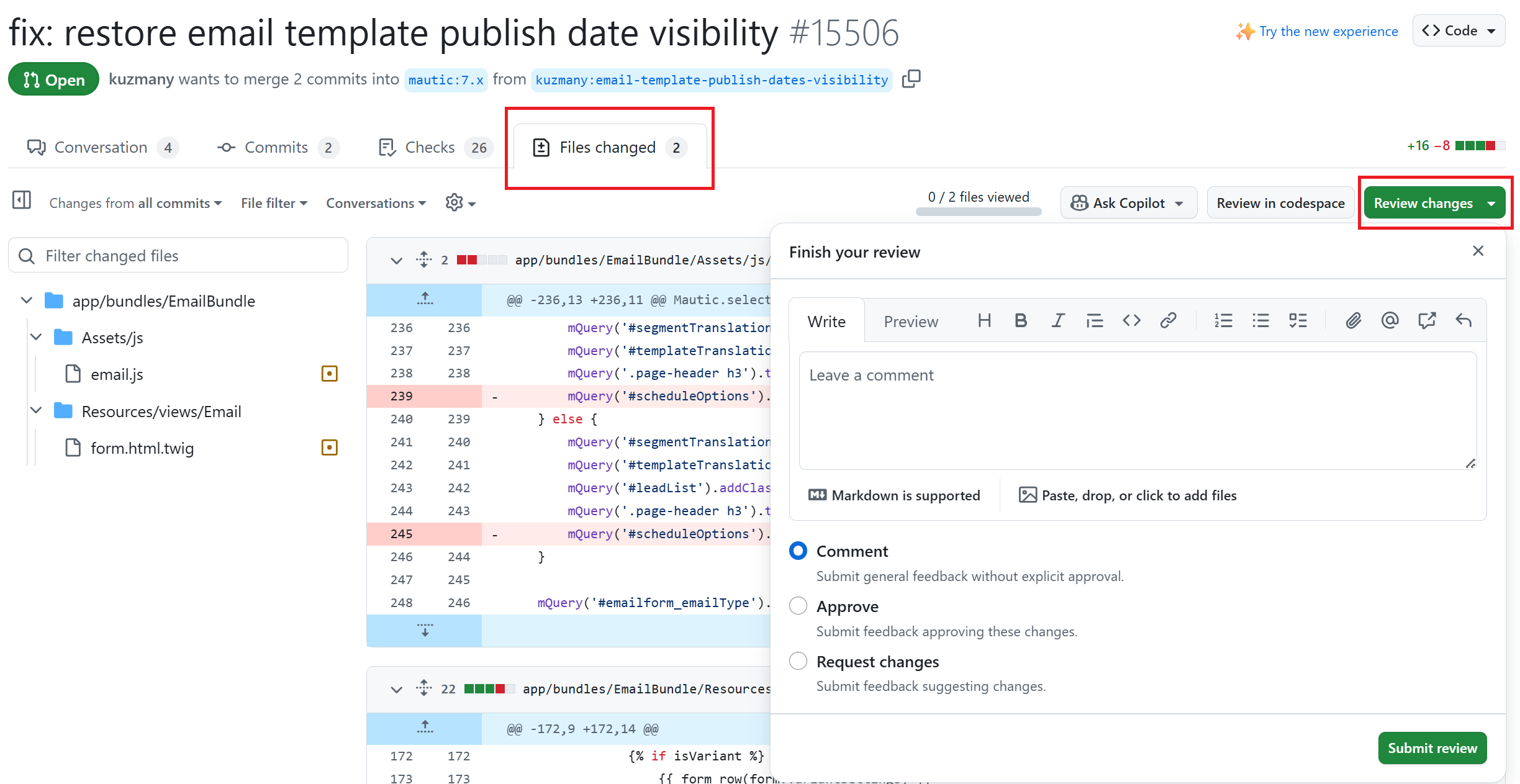 Screenshot of a PR review page at GitHub, highlighting the files changed and review changes buttons