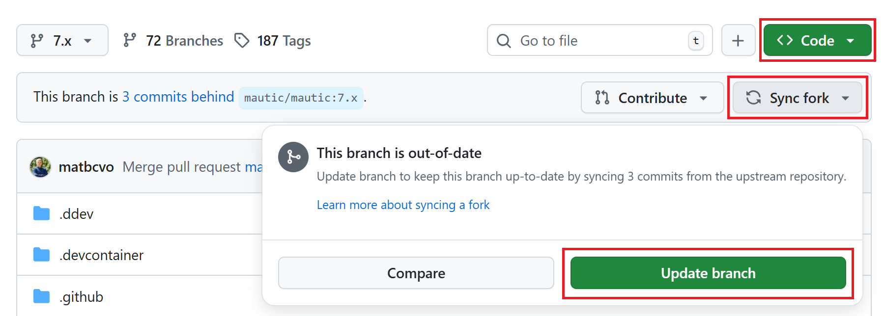 Screenshot highlighting the sync fork, update branch, and code buttons at GitHub