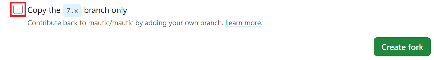 Screenshot of an unchecked state checkbox to copy only the default branch and a create fork button on GitHub